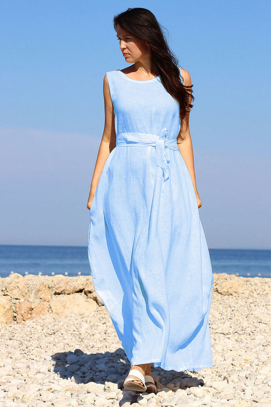 , blue linen dresses 