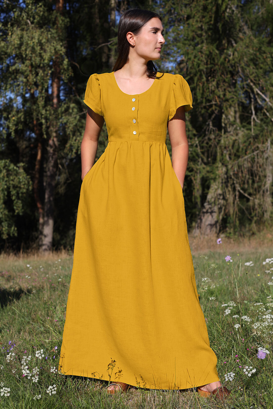 Lněné romantické maxi šaty